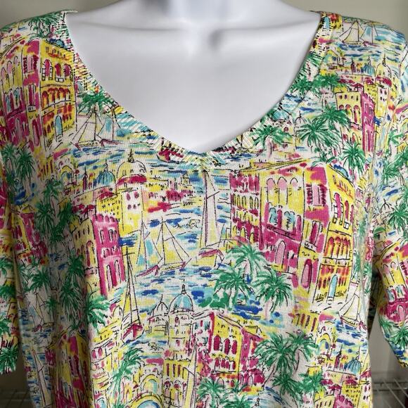 Talbots Santorini Greece V Neck Casual Top Size M Petite Euro Summer Art To Wear - Picture 3 of 10